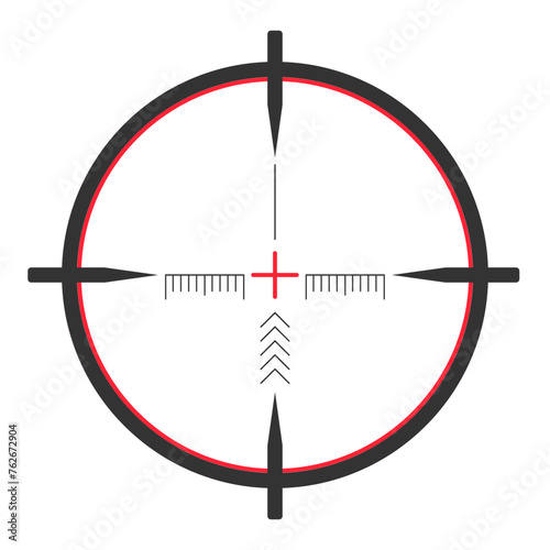 A simple black and red sniper scope with a reticle and a red crosshair. photo