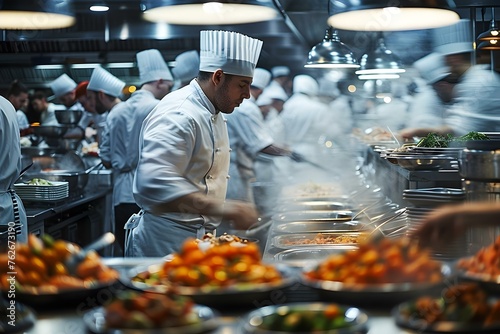 Busy restaurant scene People bustling chefs cooking waiters serving customers enjoying. Concept Restaurant Interior, Busy Atmosphere, Chefs at Work, Waiters Serving, Customers Dining photo