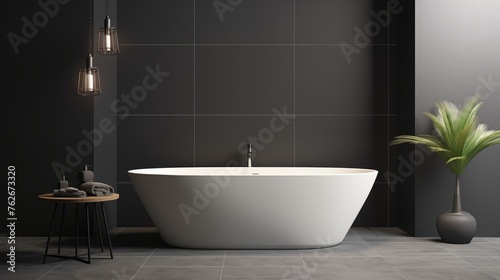 Black matte tile floors with light gray walls and a white freestanding bathtub.