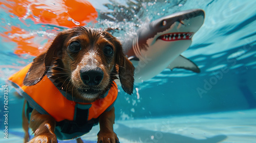 duchshund preto em colete salva-vidas com barbatana de tubarão na piscina photo