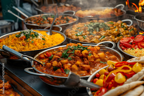 Variety of cooked curries on display at Camden Market in London