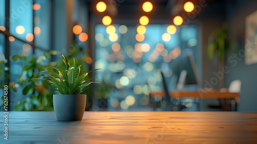 Interior of a modern office with green plants in a vase. Blurred office background, business background, out of focus