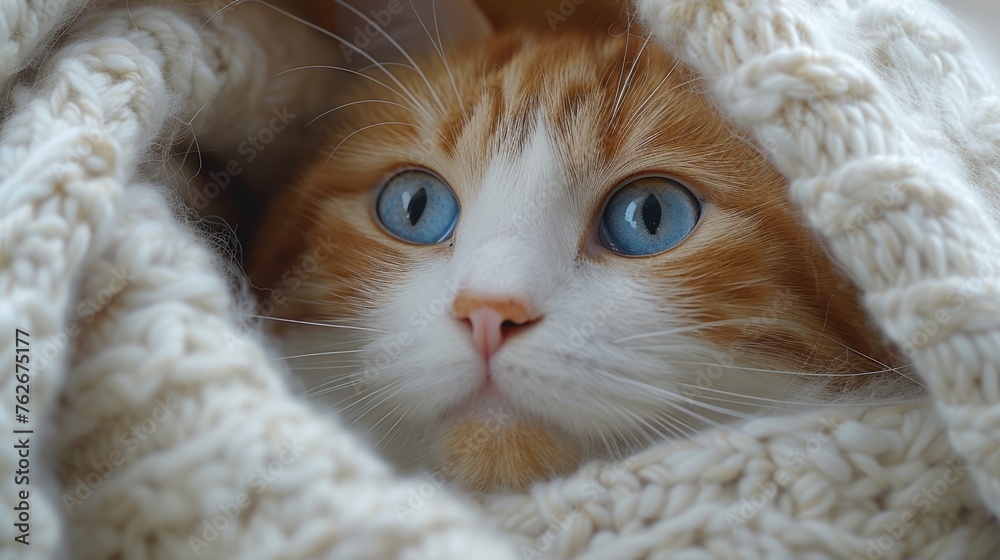 An orange and white cat with blue eyes peeks out from under a white ...