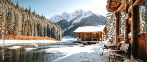 Winter landscape, rustic wooden house covered with snow,