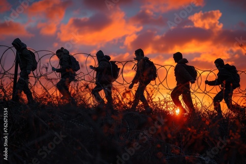 Illegal immigration: group silhouette walking border fence with barbed wire at dusk.