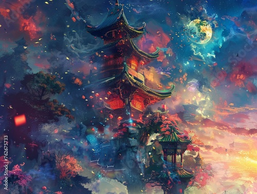 Crab Rangoon ascending toward a majestic moonlit pagoda in a mystical Eastern garden.