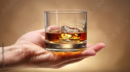 Hand holding whisky glass on pastel background with ample space for text placement on the side view