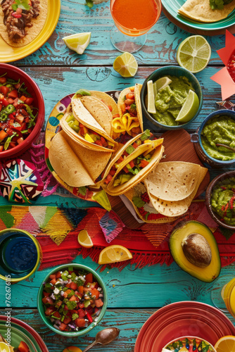 Wallpaper Mural Mexican fiesta table with spread of tacos, guacamole, and salsa Torontodigital.ca