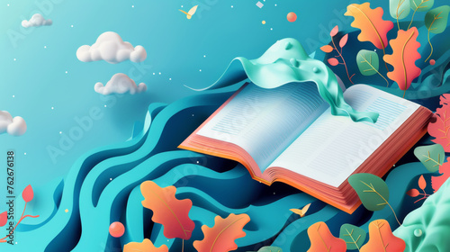 3d of colorful leaves flying from open book
