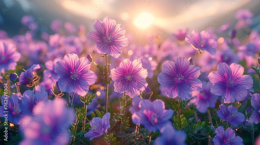 Spring in the meadow, full field of purple, magenta wild flowers on the  floor, 