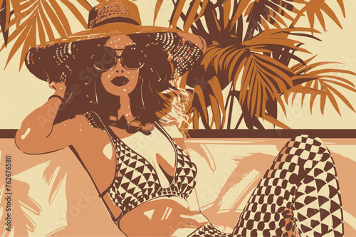 Fashionable woman in a sunhat lounging by the pool, embodying summer luxury.
