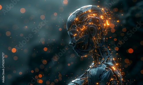 Human face on abstract dark background. Artificial intelligence, information, data, robot concept.