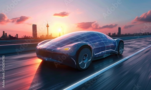 Modern electric concept car, self-charging from solar panels built into the body. Ecological transport concept