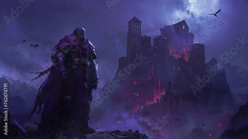 orc from game gothic night of raven, stone fortress, night, digital art style, concept art style, very dark navy colors, very dark purple colors, subtle red elements