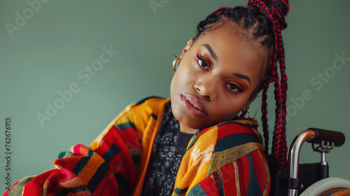 A young black woman in her wheelchair wearing colorful Kente cloth with braids, looking at the camera, posing for a fashion photoshoot against a green background