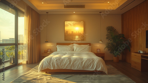 Design of the interior. Stylish bedroom in beige calm color