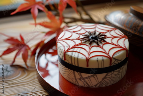 a benta cake with a spider web decoration and a happy Halloween note photo