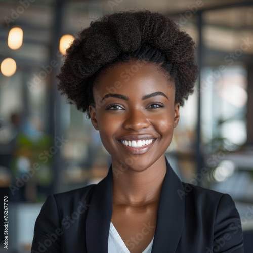 Smiling African American businesswoman 20-30 years old, active business woman against the background of her office