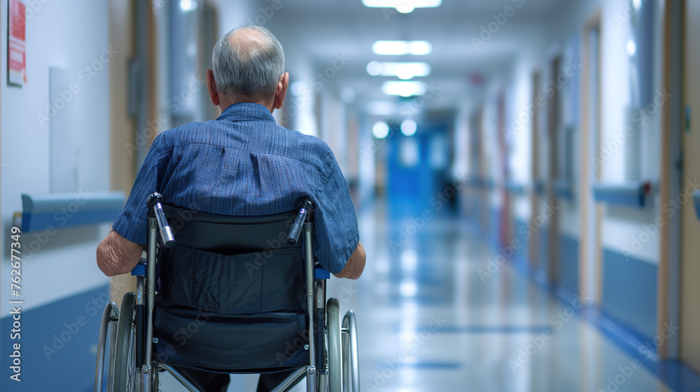 A photo of an elderly man in a blue shirt sitting in a wheelchair, with a hospital corridor background