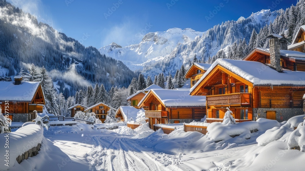 Fototapeta premium Capturing the serenity of a winter retreat, our image showcases charming wooden houses nestled amidst a snowy landscape, ideal for your winter vacation concepts.