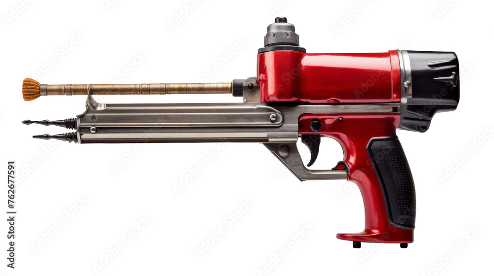 A vibrant red and black toy gun resting on a clean white background