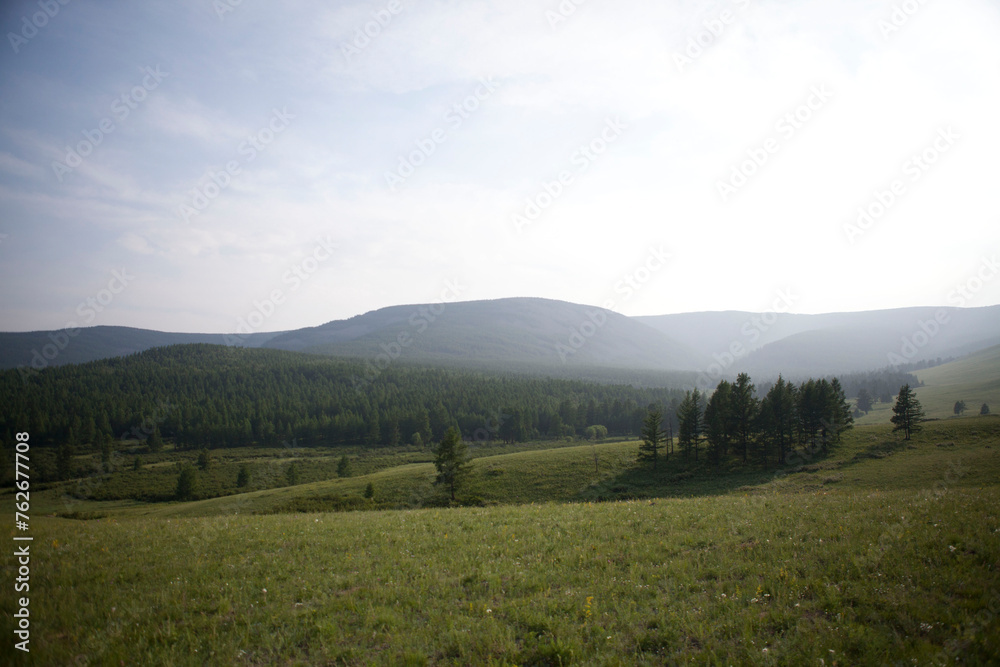 Green hills rural landscape background photo, Mongolia
