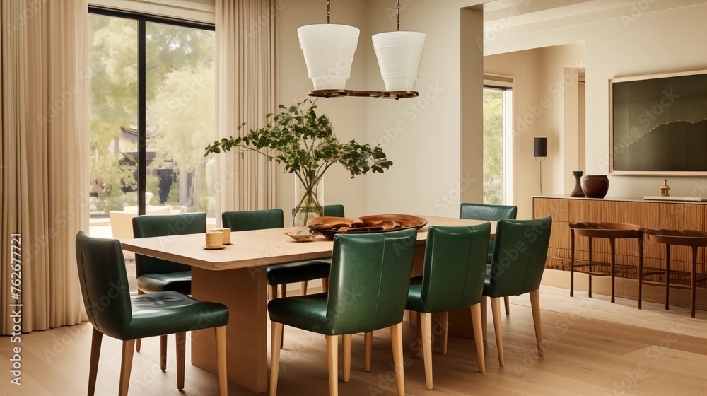 Dining area with light cerused oak table and hunter green leather side chairs. Dining area with light cerused oak table and hunter green leather side chairs.