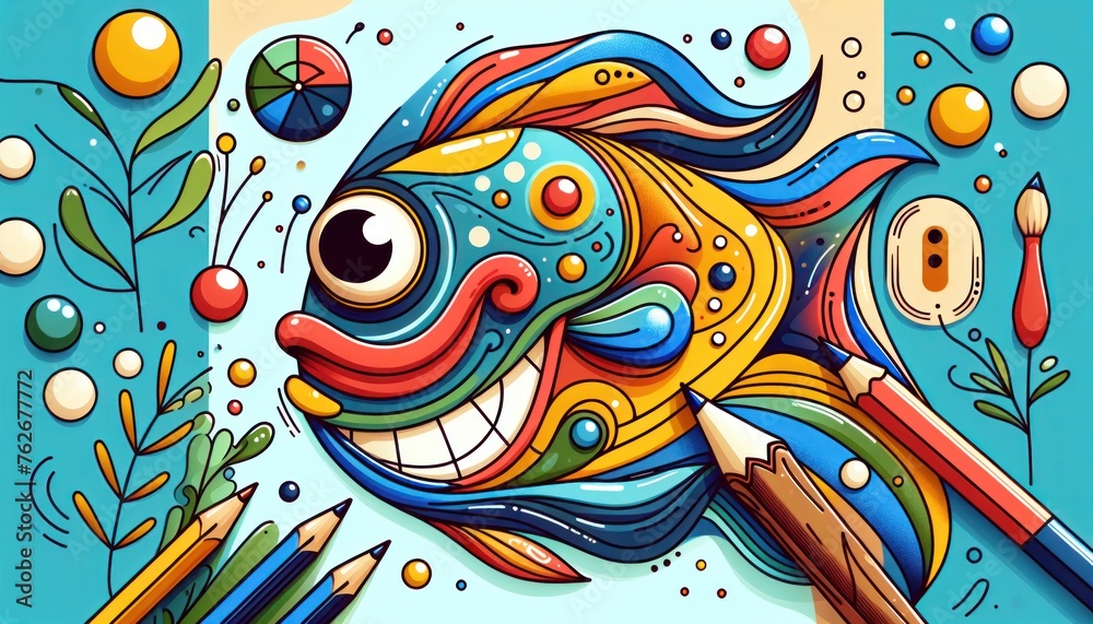 Colorful Illustrated Fish Surrounded by Art Supplies