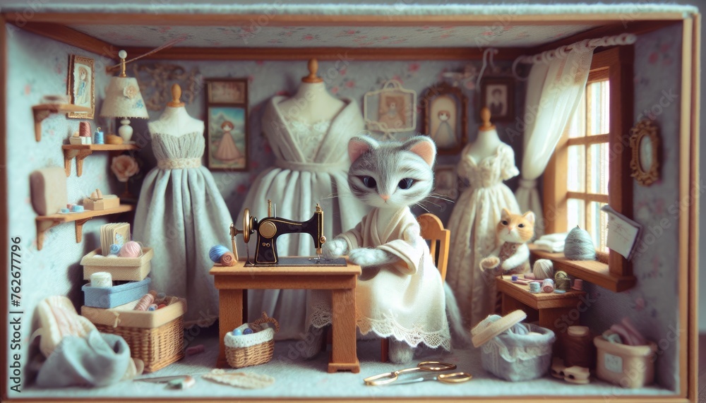 Miniature Tailor's Shop with Cats and Vintage Sewing Items - obrazy, fototapety, plakaty 