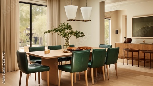 Dining area with light cerused oak table and hunter green leather side chairs.