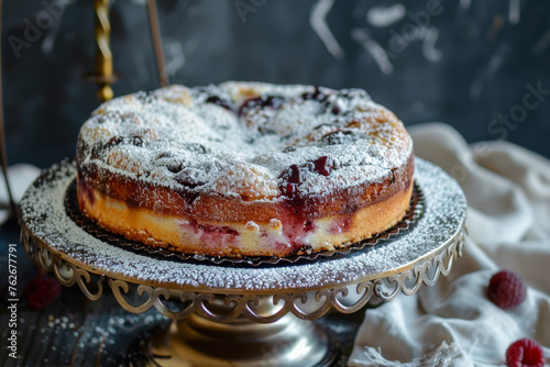 a benta cake with jam filling and powdered sugar on top photo