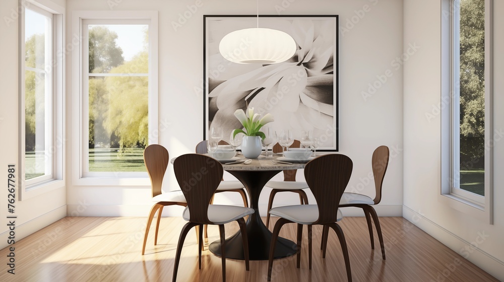 Fototapeta premium Dining room in crisp whites with espresso brown bentwood style accent chairs.