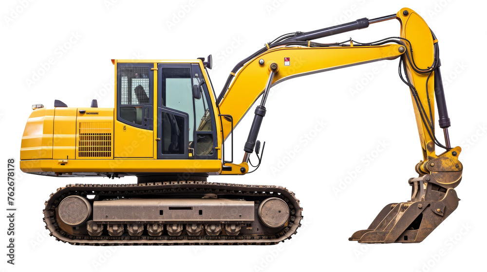 A yellow and black excavator stands boldly against a white backdrop