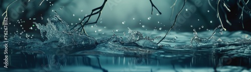  Water splashes on body of water, trees & branches in background