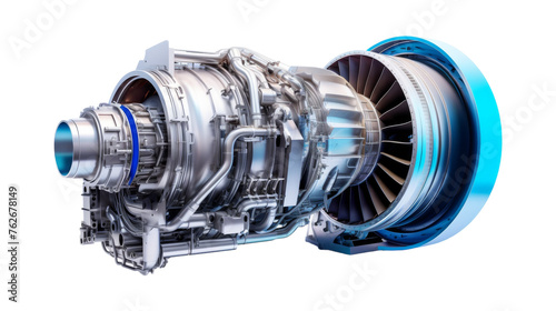 A powerful jet engine displayed on a clean white background