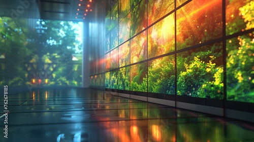 3d render of a corridor in the office building with glass panels photo