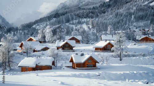 Wallpaper Mural Capturing the serenity of a winter retreat, our image showcases charming wooden houses nestled amidst a snowy landscape, ideal for your winter vacation concepts. Torontodigital.ca