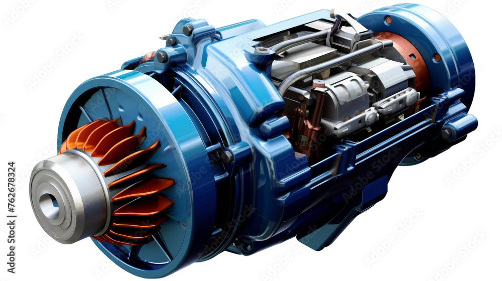 Detailed view of an intricate electric motor on a blank background