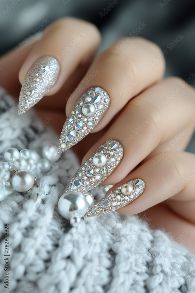 Beautiful manicure with pearls and gems, close up hands with modern nail design Beautiful manicure with pearls and gems, close up hands with modern nail design