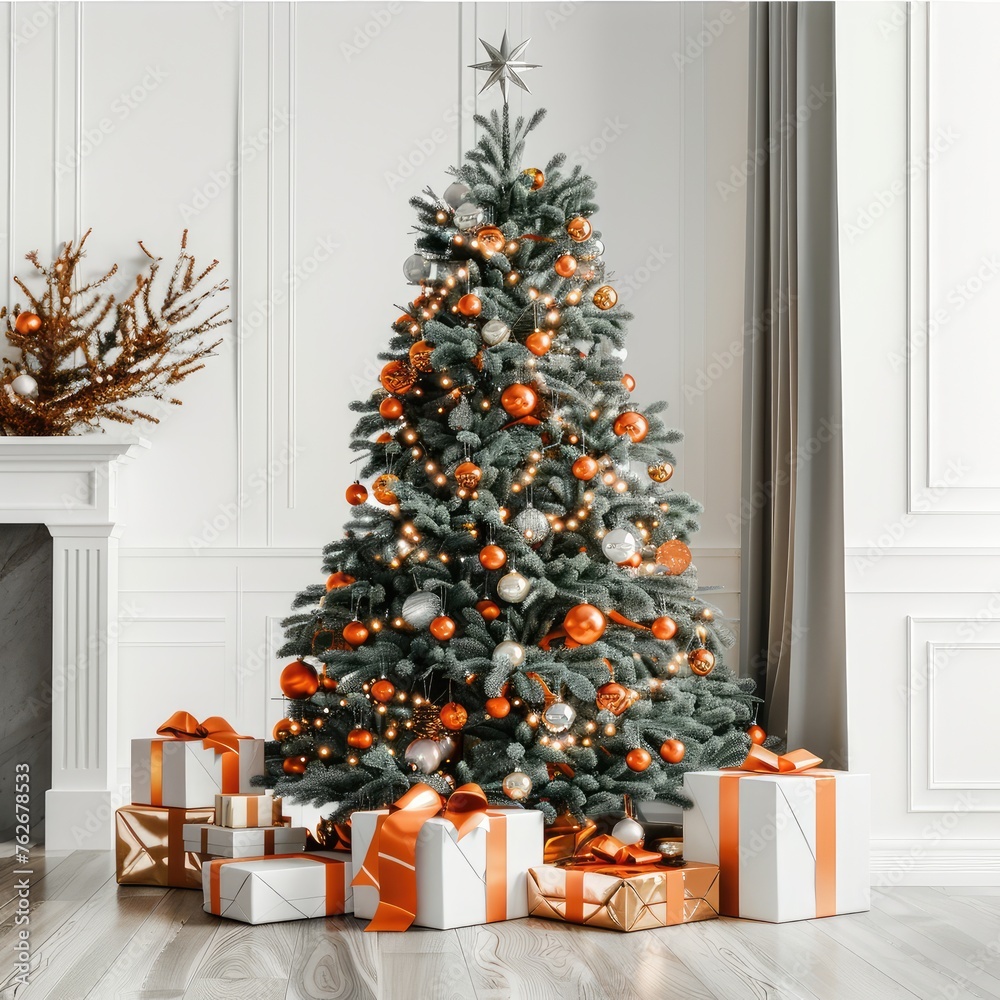 Beautiful tree decorated for Christmas in interior decorated room with architect or designer touch orange ornament themed