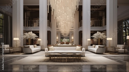 Elegant hotel lobby with crisp whites and bronze and crystal light fixtures.