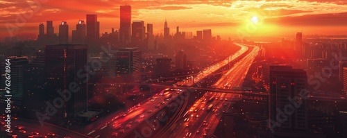 Aerial view of a dreamy red cityscape at sunset with retro cars, highways, and skyscrapers, capturing a nostalgic urban vibe. © vadymstock