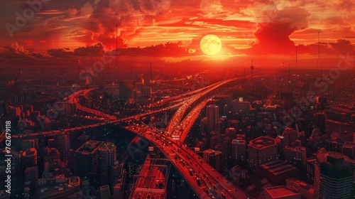 Aerial view of a dreamy red cityscape at sunset with retro cars, highways, and skyscrapers, capturing a nostalgic urban vibe.