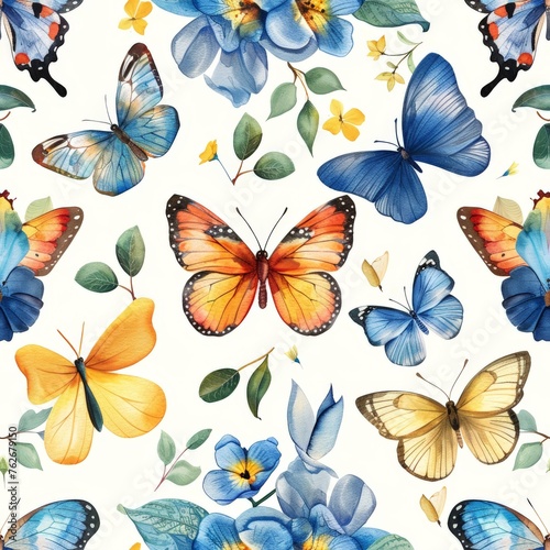 flora  butterfly seamless pattern painted with watercolors  vector tile