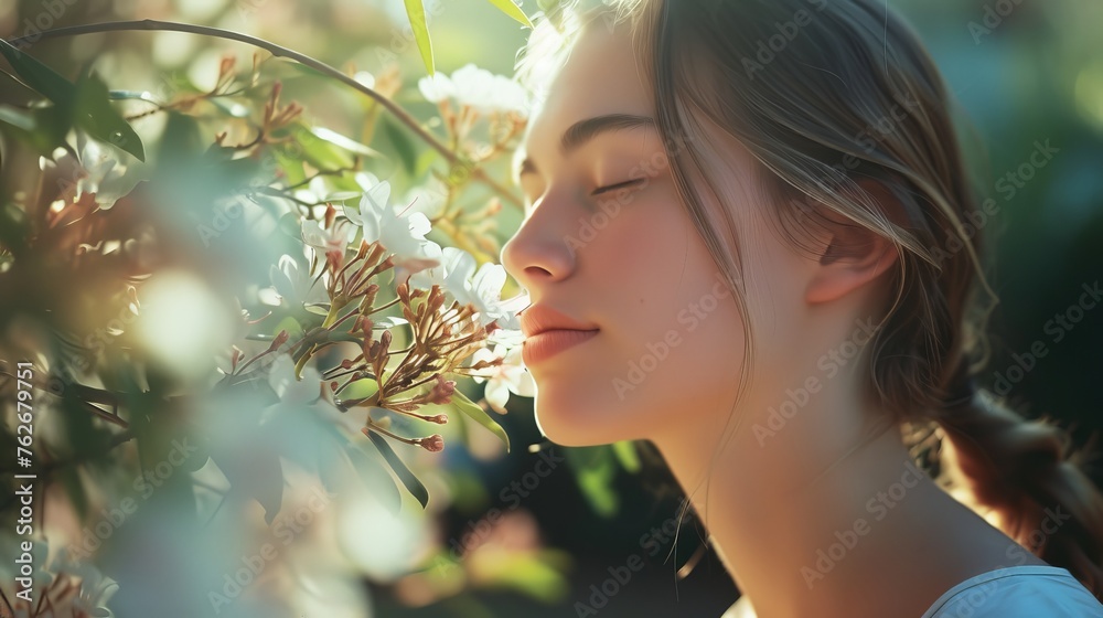 Woman Enjoying Fragrant Blossom in Dreamy Garden Woman Enjoying Fragrant Blossom in Dreamy Garden