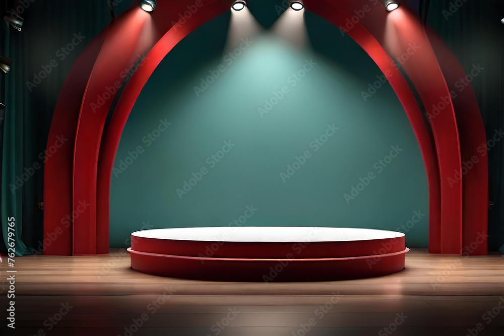 Red background podium light studio stage platform. Empty red podium product display spotlight abstract scene wall floor background pink shadow texture perspective showroom   Generative AI - obrazy, fototapety, plakaty 