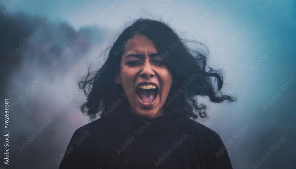 A woman screaming with anger in front of fog