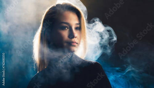 A young beautiful blond woman with smoke coming behind of her