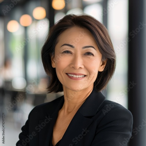Smiling Asian businesswoman 50-60 years old, active business woman against the background of her office