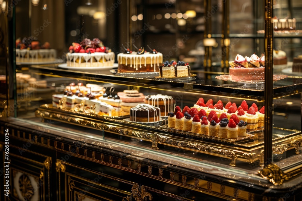 Gourmet Cake Selection in a Well-Lit Display Cabinet